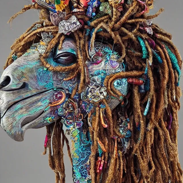 Image similar to llama with dreadlocks, detailed, by ernst haeckel, james jean, el anatsui, mandy jurgens