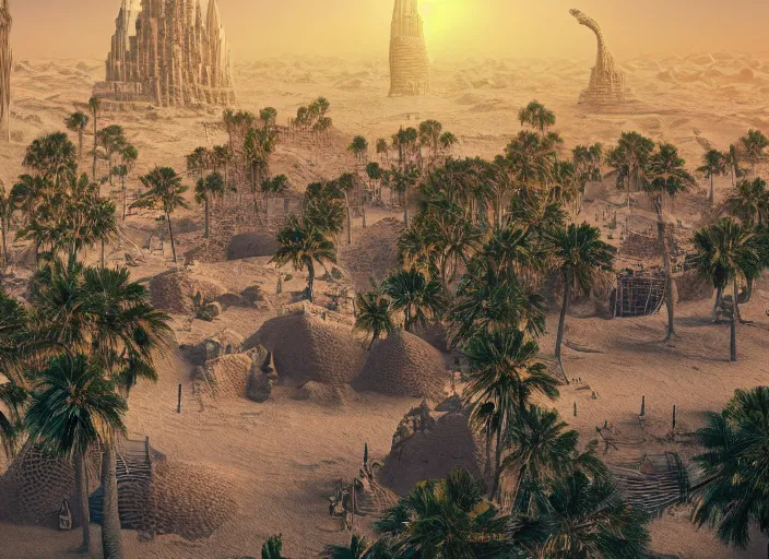 Image similar to cover concept art of the lost sand city, levitating rock piles, golden towers, golden pillars, palm trees, space and time, floating objects, post-processing, in the style of Hugh Ferriss, Behance, Artgerm. High detail, ultra realistic render, octane, 3D, photorealism, symmetric, cinematic
