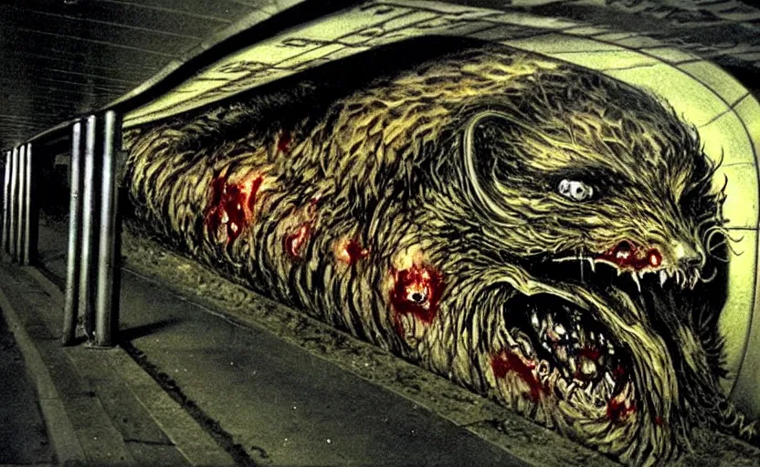 Prompt: very large giant mutant zombie irradiated ( angry rat ) staying on railways in tonnel of moscow subway. tonnel, railways, giant angry rat, furr, fangs, claws, very realistic. extreme long shot, herman nitsch and herman nitsch, giger.