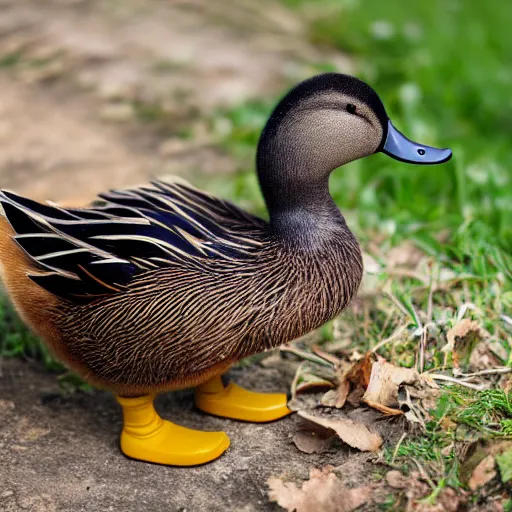 Image similar to a duck wearing black rubber boots in the french countryside, realistic, detailed, 8 k