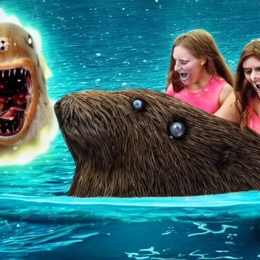 Image similar to three young women having fun on a boat, while a zombie beaver with glowing eyes is swimming beneath them. horror. realistic photo. very detailed.