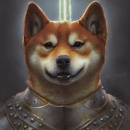 Image similar to anthropomorphic shiba inu, medieval holy paladin knight armor, fantasy, holy light, portrait art by donato giancola and greg rutkowski, realistic face, visible holy aura, digital art, trending on artstation, symmetry