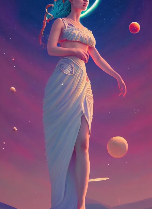 Image similar to a beautiful goddesses, full body, planets, sky, dream, highly detailed, digital painting, refreshing, trending on artstation, octane render, illustration by james jean