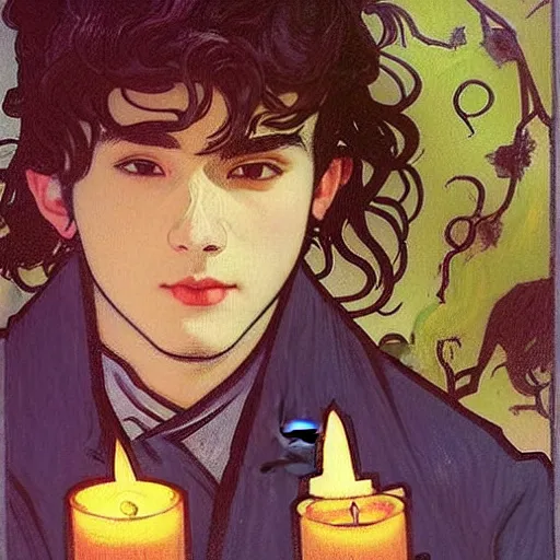 Image similar to painting of young cute handsome beautiful dark medium wavy hair man in his 2 0 s named shadow taehyung and cute handsome beautiful min - jun together at the halloween! party, bubbling cauldron!, candles!, smoke, autumn! colors, elegant, wearing suits!, clothes!, delicate facial features, art by alphonse mucha, vincent van gogh, egon schiele