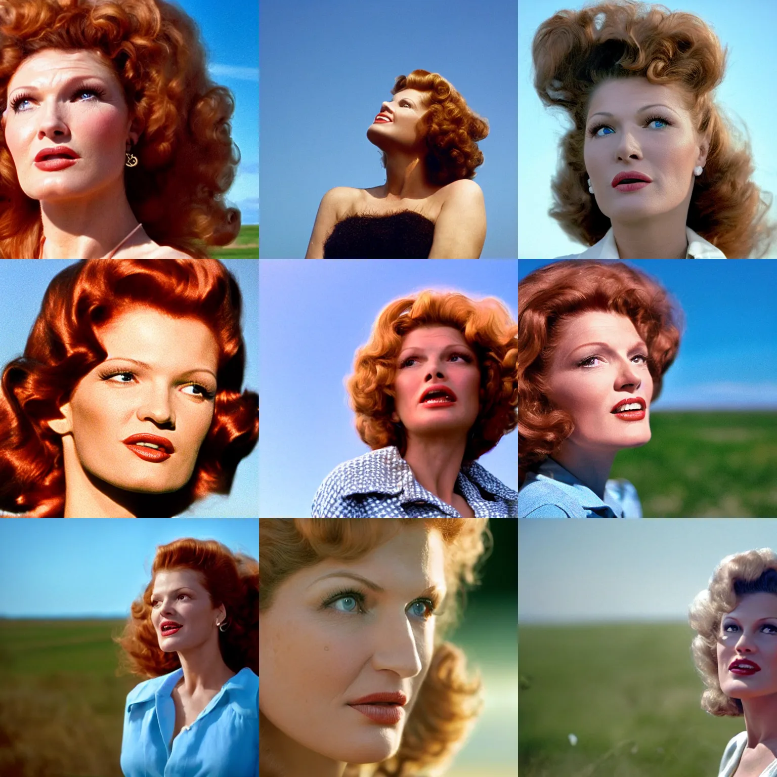 Prompt: natural 8 k close up shot in a 2 0 0 5 romantic comedy by sam mendes of rita hayworth. she stands and looks on the horizon with winds moving her hair. fuzzy blue sky in the background. no make - up, no lipstick, small details, wrinkles, dramatic backlighting, 8 5 mm lenses, sharp focus