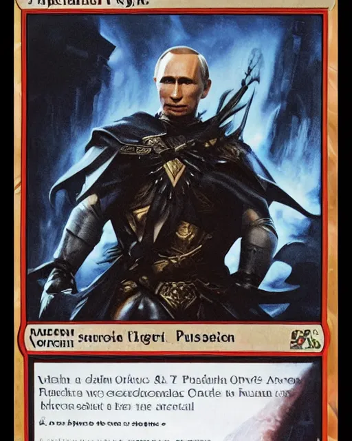 Prompt: a photo framing a complete Magic the Gathering card, depicting Vladimir Putin, as a Dark knight, high quality, 8k,