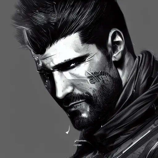 Prompt: Adam Jensen from Deus Ex as Gigachad, by Cedric Peyravernay, highly detailed, hyperealism, dramatic, cinematic concept art, dramatic lighting, trending on ArtStation