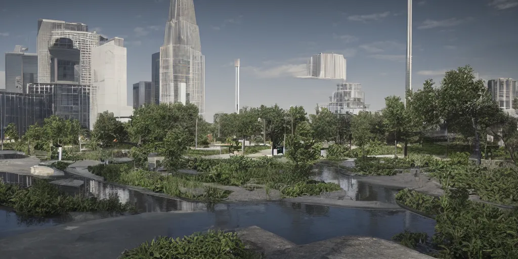 Image similar to city center public park, modern landscape architectural design for industrialpunk, water in the middle, dramatic lighting and composition, octane render, unreal engine 5, 8k