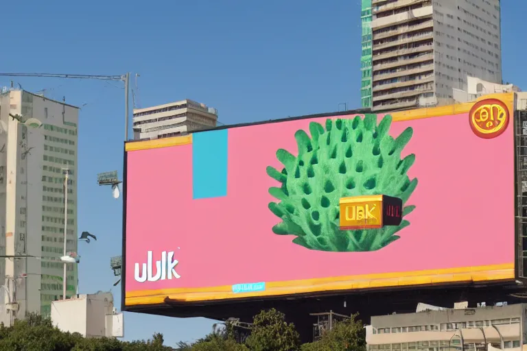 Image similar to an advertisement billboard for 'UBIK', retro-futurism style-art deco style-sci-fi- 3d geometric landscape with cactus