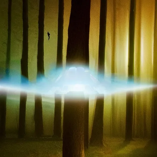 Prompt: tic tac shaped ufo, cinema scene. ethereal glow, dissipated clouds over forest