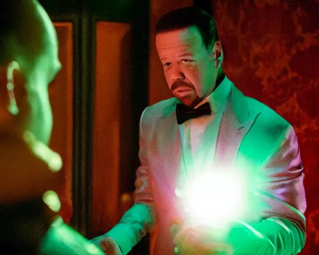 Image similar to mafia boss ( donnie wahlberg ) examines a magical glowing emerald ; scene from the modern hbo mini series / the outfit /, a supernatural mafia crime thriller about magical monster - hunting mafiosi in philadelphia, hd 8 k film photography, with modern supernatural horror aesthetic.