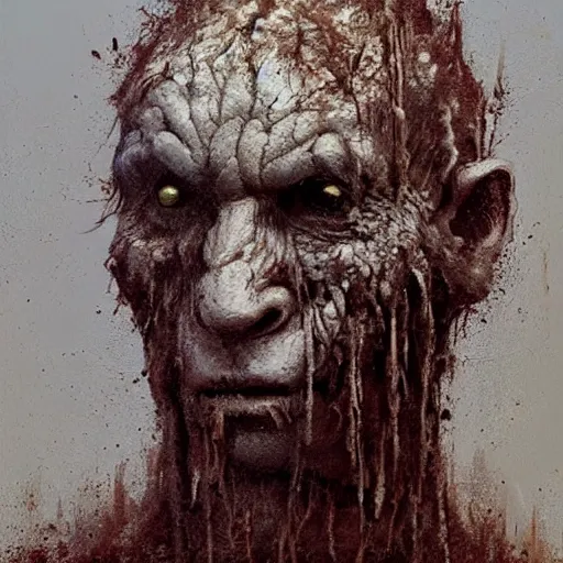 Image similar to painting by jakub rozalski of a muddy rooted humanoid creature with a big hole in the head. half body closeup