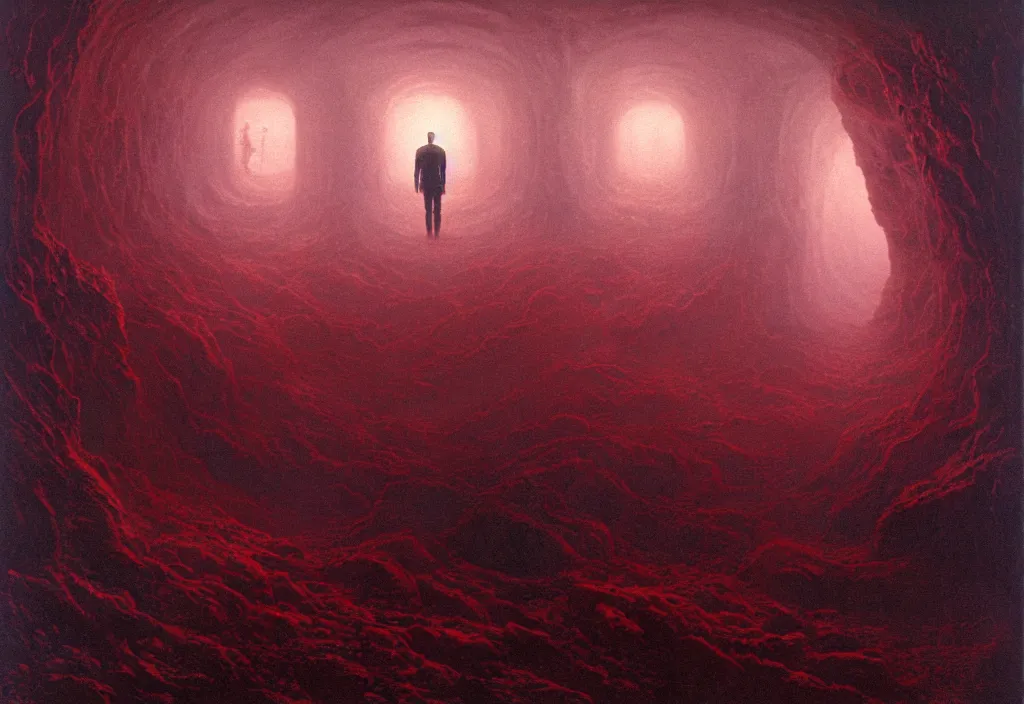 Image similar to will farrell entering a chasm full of unspeakable cosmic horrors, horror, blood red, terrifying atmosphere, atmospheric, by greg rutkowski and zdzisław beksinski, 8 k