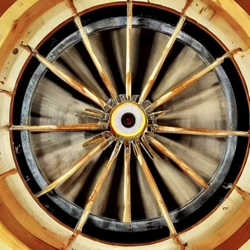 Prompt: a photo of a brilliantly luminous, spirit-containing, gleaming, spoked jasper wheel within a wheel intersecting on perpendicular axes with high and awesome rims covered round about in eyes