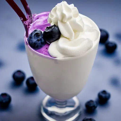Prompt: delicious looking blueberry milkshake, blueberries on the side, whipped cream on top, 8 k resolution, professional food photography, studio lighting, sharp focus, center frame, hyper - detailed
