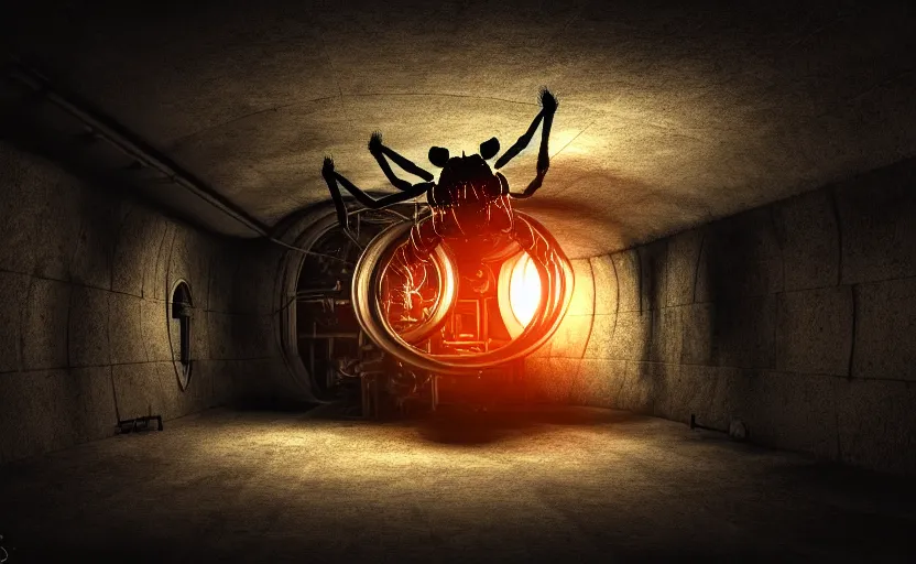 Prompt: mechanical spider in a large dimly lit sewer, ultra detailed digital art, fine drawing, hyper real, 4 k, moody lighting, warm colors