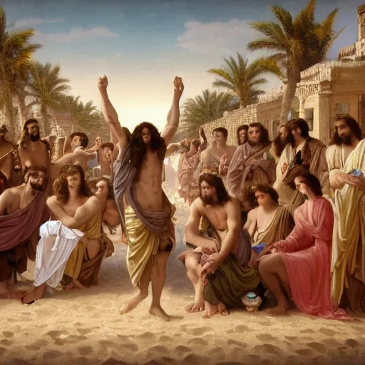 Image similar to an extremely detailed matte painting of a ridiculously good looking supply side jesus that looks like a jewish gigachad with his 1 2 apostle entourage droing keg stands, long curly hair, elegant ancient greek dress, very detailed, windy beach, beautiful, intricate, cinematic, artstation, william bouguereau, alphonse mucha, greg rutkowski, rossdraws, octane render