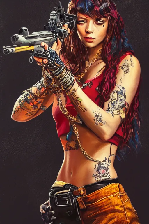 Prompt: painting of a gangster girl holding a pistol, intricate, highly detailed, digital painting, official media, concept art, rich vivid colors, ambient lighting, sharp focus, illustration