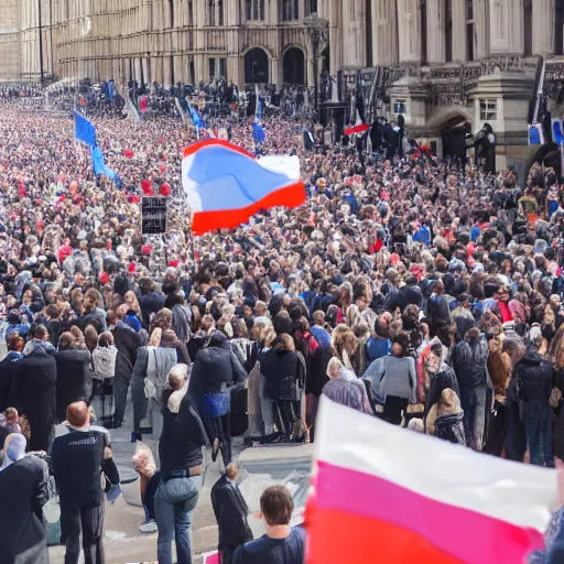 Image similar to a picture of westminster with a gigantic crowd of protestors on the street, the sky is blue and everyone is holding russian flags or posters with prince andrew's face wide shot hyperrealistic photography 7 0 mm