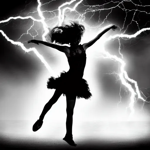 Image similar to wild woman dancing in an epic storm with lightning, fire, creepy shadows, Tim Burton, black and white photograph, 40mm, hyper detailed, 8k, clear