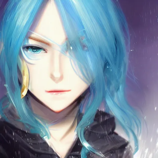 Image similar to side profile of rimuru tempest with sky blue hair, long hair, sharp face, gold eyes, high collar, black jacket | shiny, highly detailed, rain, professional digital painting, concept art, award - winning photography, cinematic, wlop | art by pixiv art, yoshitaka amano, deviantart