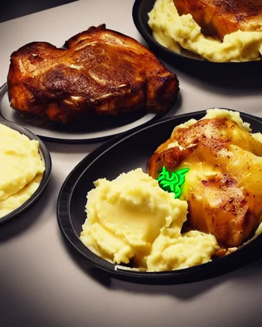 Prompt: Razer gamer porkchops and mashed potatoes, HD, trending on artstation, instagram post, LED