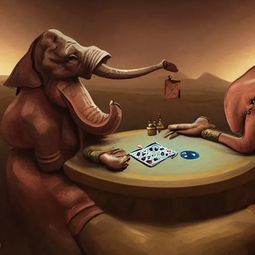 Prompt: a pink elephant playing poker at the sahara desert, concept art, masterpiece art.