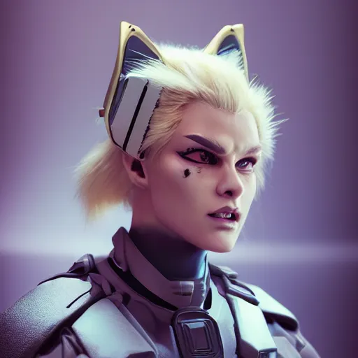 Image similar to close up of evil futuristic dystopian regime soldier, plasma gun, angry, blonde hair with fox ears, fluffy fox ears, human, female, concept design, contrast, hot toys, kim jung gi, greg rutkowski, zabrocki, karlkka, jayison devadas, trending on artstation, 8 k, ultra wide angle, pincushion lens effect