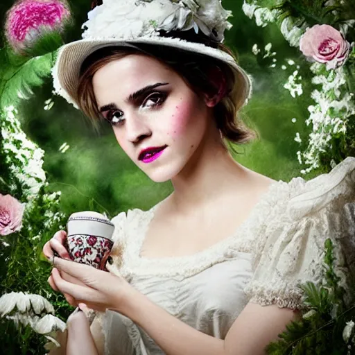 Image similar to on worn out canvas textured canvas wall full body fashion model emma watson smokey eyes makeup eye shadow fantasy, glow, shimmer as victorian woman in a long white frilly lace dress and a large white hat having tea in a sunroom filled with flowers, roses and lush fern flowers ,intricate, night, highly detailed, dramatic lighting , high quality
