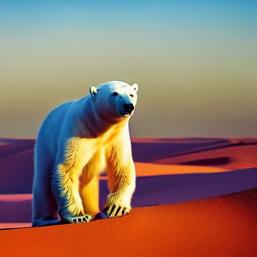 Image similar to multicolor photo of polar bear sits in the sahara desert by steve mccurry created at modern world in 4 k ultra high resolution and with medium shot, with funny feeling