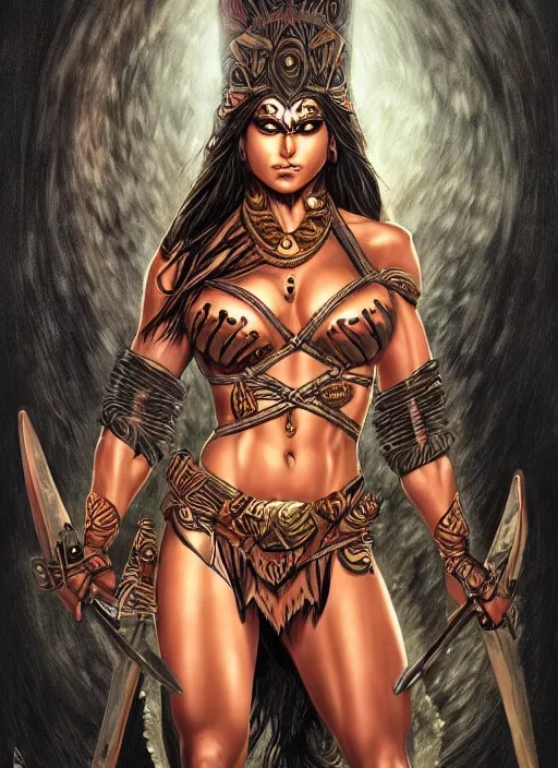 Prompt: a highly detailed symmetrical painting of a female amazon warrior with piercing beautiful eyes in dark tomb setting, dynamic lighting, ambient lighting, deviantart, art by artgerm and glenn fabry