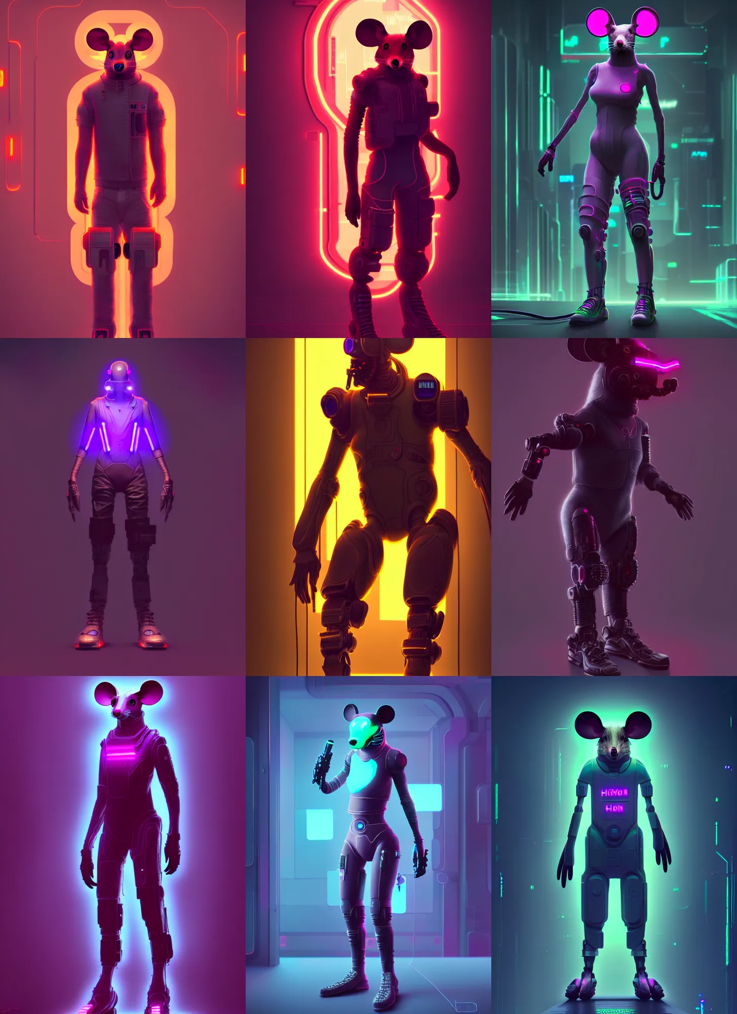 Prompt: full body character of an antropomorphic mouse technomage, high detail, scifi, cyberpunk style, soft neon lighting, digital painting, concept art, octane render