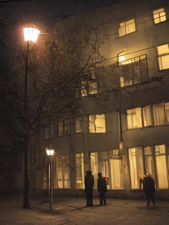 Prompt: film still of post - soviet suburbs, lights are on in the windows, deep night, post - soviet courtyard, cozy atmosphere, light fog, street lamps with orange light, several birches nearby, several elderly people stand at the entrance to the building