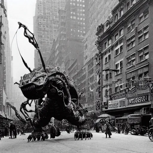 Image similar to old black and white photo, 1 9 1 3, depicting a giant biomechanical alien monster kaiju robot fighting the army through the bustling streets of new york city, historical record