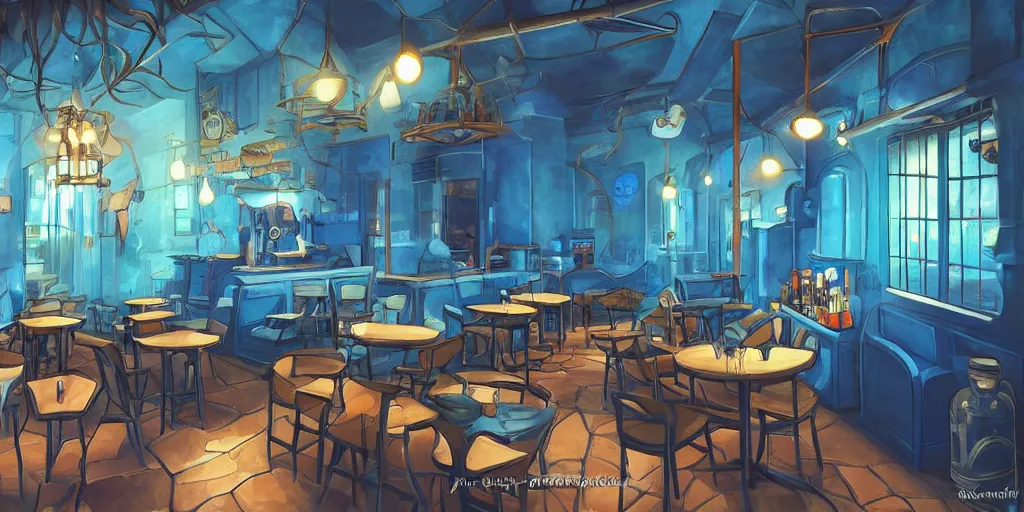 Image similar to cafe interior, blue tones, fantasy art, 2 d game art
