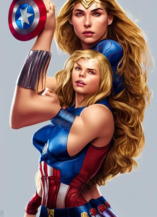 Image similar to toned young april with a mischievous face and extremely long blonde wavy hair dressed as teen superhero, posing with hands behind back, captain america, wonder woman, intricate detailed face, artgerm, greg rutkowski, alphonse mucha