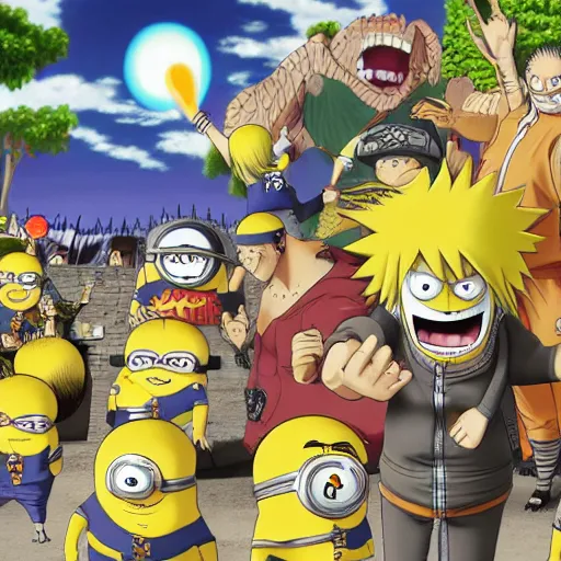 Prompt: Gru and the Minions fighting Naruto for control over the One Piece, D&D art, concept art, 8k