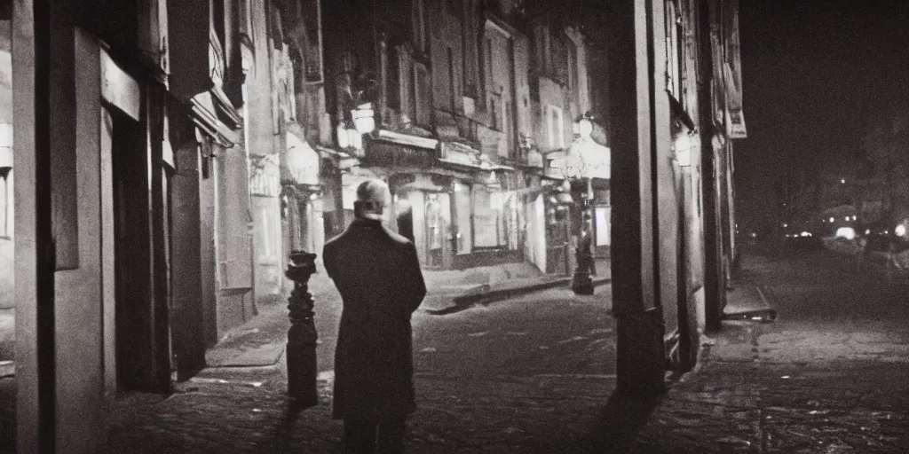 Prompt: detailed medium format photo, polaroid still from an old french movie, sleazy man watching night streets while smoking a cigarette, haze, high production value, intricate details, 8 k resolution, hyperrealistic, hdr, photorealistic, high definition, tehnicolor, award - winning photography, masterpiece, amazing colors