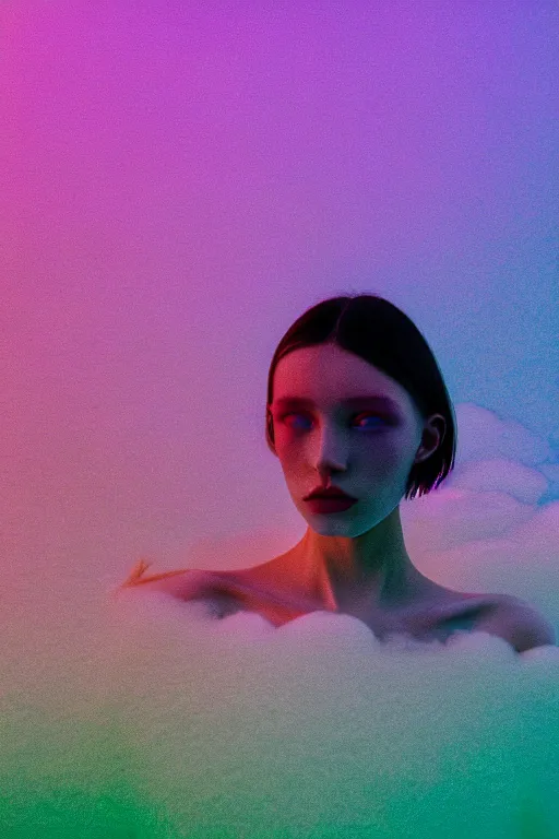 Image similar to high quality pastel coloured film close up wide angle photograph of a model wearing clothing swimming on cloud furniture in a icelandic black rock!! environment in a partially haze filled dreamstate world. three point light, rainbow. photographic production. art directed. pastel colours. volumetric clouds. pastel gradient overlay. waves glitch artefacts. extreme facial clarity. 8 k. filmic.