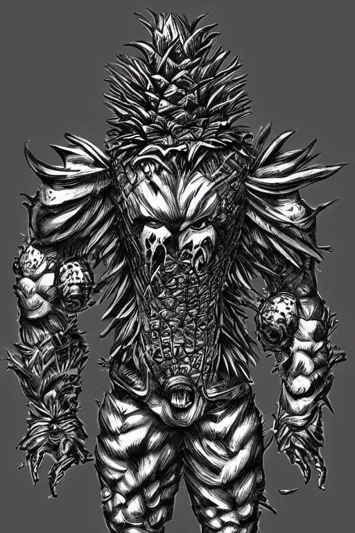 Image similar to screeching pineapple humanoid figure monster wearing themed armour, symmetrical, highly detailed, digital art, sharp focus, trending on art station, kentaro miura manga art style