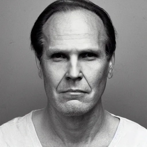 Image similar to A mugshot portrait of a middle aged older man who looks like Jerma985 with a receding hairline and short mid-length wavy hair, wearing mid-1980s menswear in the late 2008, taken in the late 1980s, grainy, realistic, hyperrealistic, very realistic, highly detailed, very detailed, extremely detailed, detailed, trending on artstation, front facing, front view, headshot and bodyshot, detailed face, very detailed face