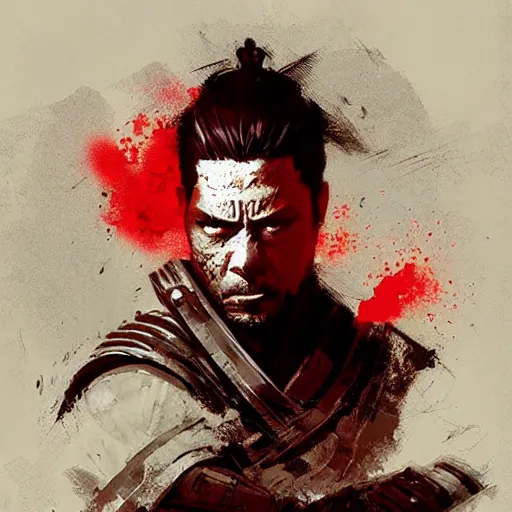 Image similar to artwork by Craig Mullins and Russ Mills and SPARTH showing a samurai in front of a red circle