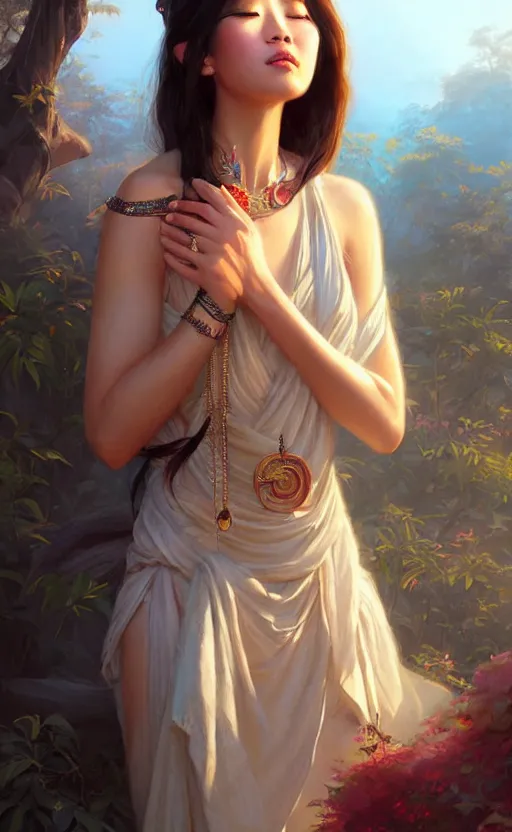 Image similar to a beautiful taiwan goddess with sundress with jewelry | | winter, realistic shaded, unpleasant face, good looking, fine details, realistic shaded lighting poster by greg rutkowski, magali villeneuve, artgerm, jeremy lipkin and michael garmash and rob rey