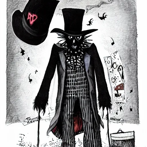 Image similar to a Pop Wonder scary horror themed goofy-hilarious-character Babadook-scarecrow-madhatter-williewonka-wearing a scarf, 3-piece-suit, dime-store-comic drawn with charcoal and pen and ink, half-tone-line-stacking