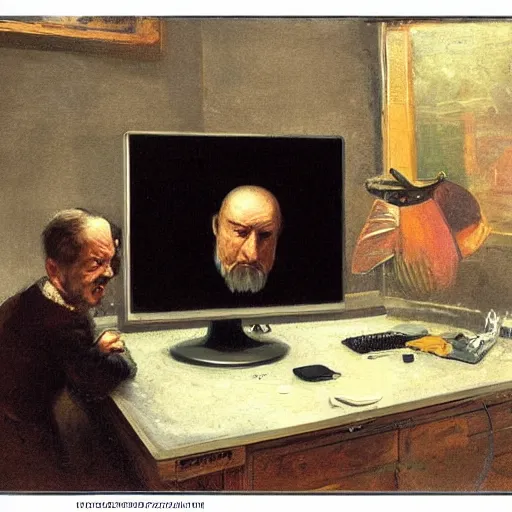 Image similar to an angry man yells at his computer monitor, oil on canvas, 1 8 8 3, highly detailed