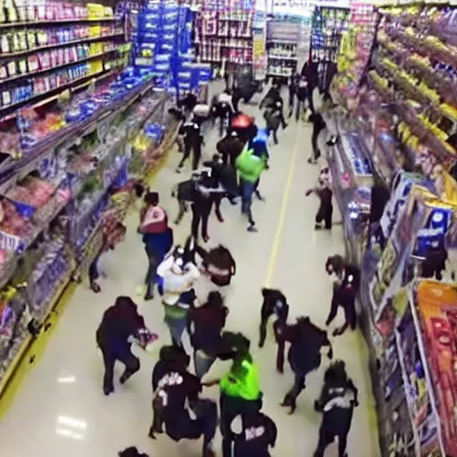 Image similar to cctv footage gang fight in walmart, high angle security camera feed, blurry and glitchy,