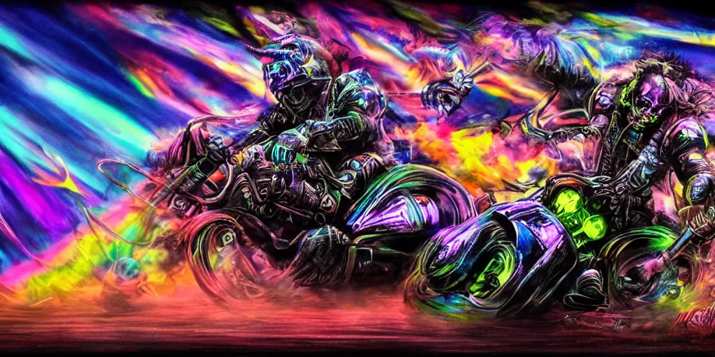 Prompt: psychedelic blacklight airbrush artwork, motorcycles, hyper stylized action shot of orc bikers racing on motorcycles, menacing orcs, drifting, skidding, wheelie, clear focused details, soft airbrushed artwork, black background, post - apocalypse, cgsociety, artstation, peter palombi, peter lloyd