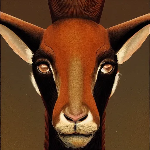 Image similar to a dramatic head portrait of a antelope in tiger skin, cinematic lighting, symmetric face by karol bak, christopher balaskas