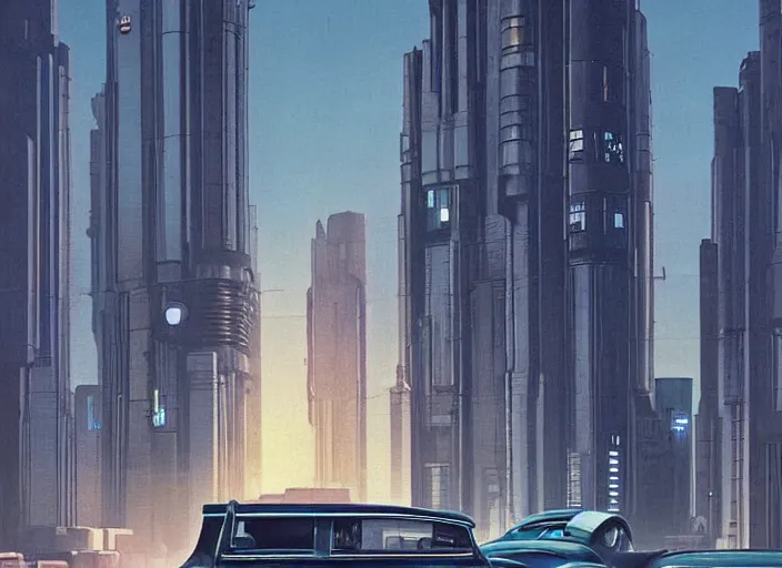 Image similar to a car driving down a street next to tall buildings the night at 10 pm, cyberpunk art by Chesley Bonestell, cgsociety, retrofuturism, matte painting, reimagined by industrial light and magic