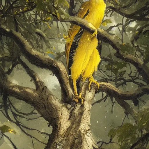 Image similar to a yellow crow on a tree with white leaves, detailed, by greg rutkowski